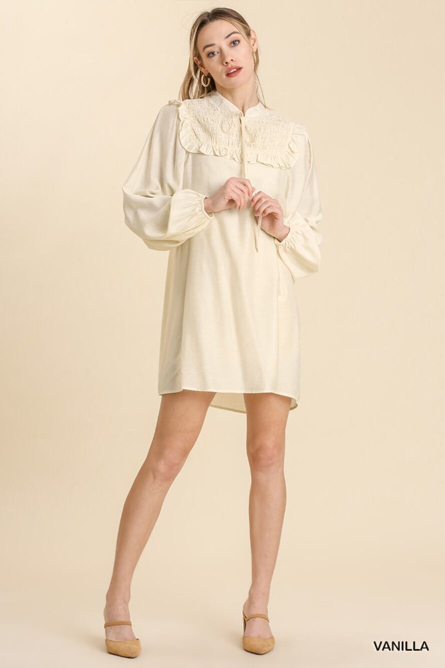 Umgee Mini Dress Size S Vanilla Cream Long Sleeve Smocked‎ Ruffle Yoke Tie Front